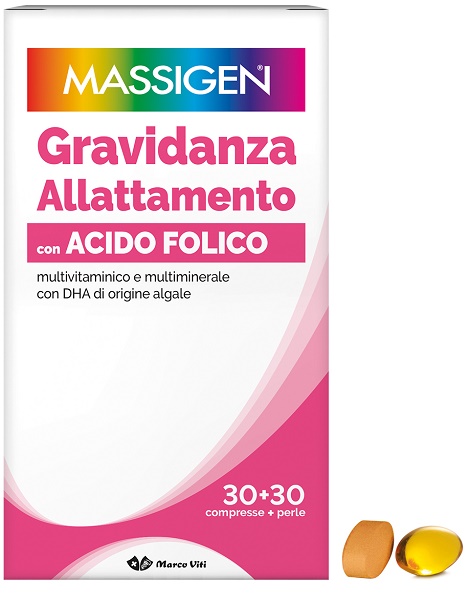 MASSIGEN GRAVIDANZA ALLATTAMENTO CON ACIDO FOLICO MULTIVITAMINICO E MULTIMINERALE 30 COMPRESSE RIVESTITE DA 1,1 G + 30 PERLE DA 700 MG - UniversoFarmacie.it