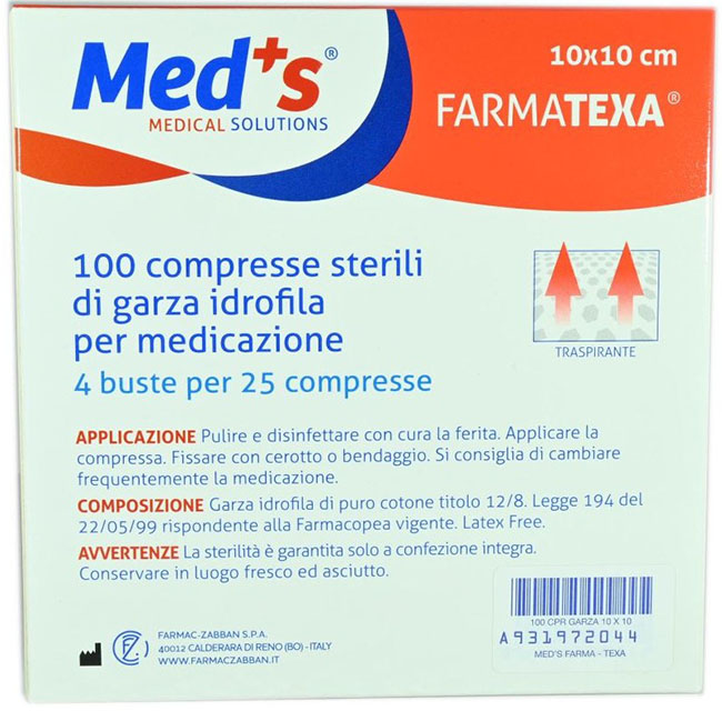 GARZA COMPRESSA IDROFILA MEDS FARMATEXA 2/8 10X10CM 100 PEZZI - UniversoFarmacie.it
