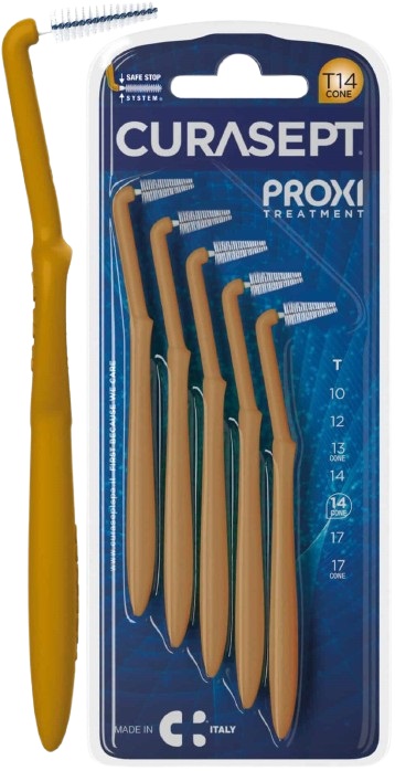 SCOVOLINO CURASEPT PROXI ANGLE MISURA T14 CONICO ISO 4 COLORE OCRA DIAMETRO 1,4 MM 5 PEZZI - UniversoFarmacie.it