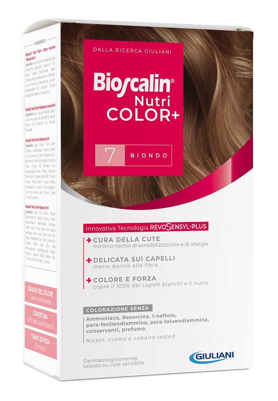 BIOSCALIN NUTRICOLOR PLUS 7 BIONDO CREMA COLORANTE 40 ML + RIVELATORE CREMA 60 ML + SHAMPOO 12 ML + TRATTAMENTO FINALE BALSAMO 12 ML - UniversoFarmacie.it